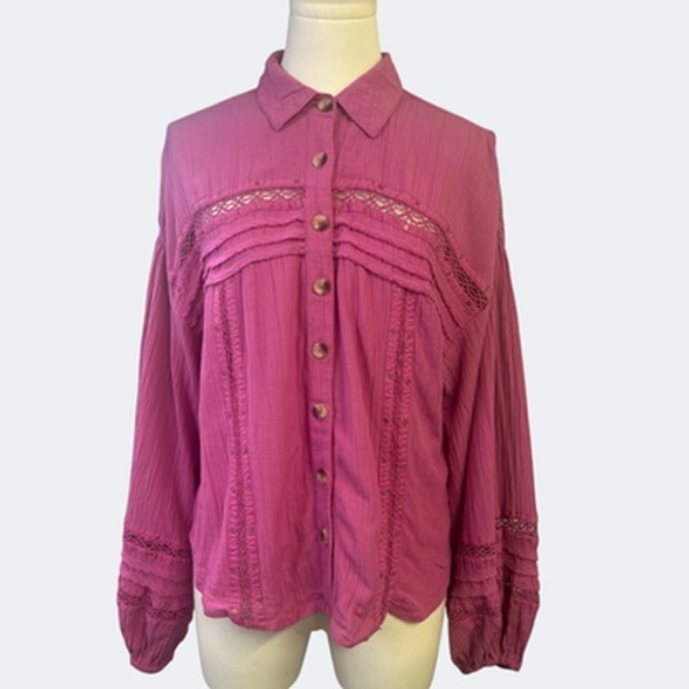 FREE PEOPLE Top Summer Stars Pink SP Boho‎ Button Front Blouse Crochet Balloon